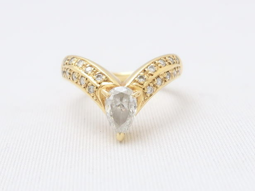【買取】K18 YG イエローゴールド 18金 ペアシェイプ ダイヤモンド リング 指輪 0.56ct 0.21ct